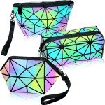 Weewooday 3 Pieces Makeup Bags for Women, Portable Travel Cosmetic Bag Organizer Case with Wrist Strap Toiletry Bags Holographic Luminous Geometric and Reflective Foldable Makeup Bags