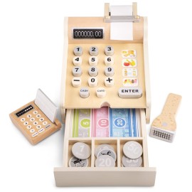 New Classic Toys 10651 Wooden Cash Register with Play Money, Scanner and Bank Card, White 200 x 165 x 110mm