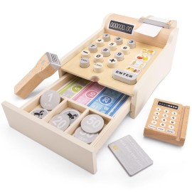 New Classic Toys 10651 Wooden Cash Register with Play Money, Scanner and Bank Card, White 200 x 165 x 110mm
