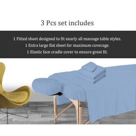 AVALON CARE Massage Table Sheets Set - 3 Pcs 100% Cotton Flannel - Fitted Sheets, Flat Sheet & Face Cover - Soft & Smooth Massage Bed Cover - Sky Blue