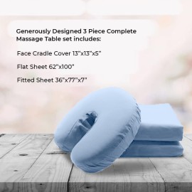 AVALON CARE Massage Table Sheets Set - 3 Pcs 100% Cotton Flannel - Fitted Sheets, Flat Sheet & Face Cover - Soft & Smooth Massage Bed Cover - Sky Blue