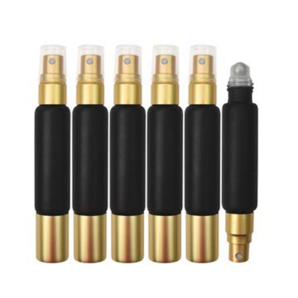 6-Pack Black Glass Bottles with Dual Ends - Sprayer & Roller Tops - Leakproof, Premium Essential Oil & Perfume Bottles with Elegant Gold Accents - Refillable Custom Blend Containers
