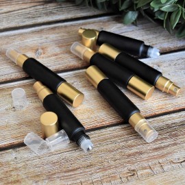 6-Pack Black Glass Bottles with Dual Ends - Sprayer & Roller Tops - Leakproof, Premium Essential Oil & Perfume Bottles with Elegant Gold Accents - Refillable Custom Blend Containers
