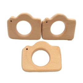 Arakierst 10pcs Lovely Cartoon Wood Camera Teether Pure Natural Animal Shape Beech Wooden Teething Toys Handmade Pattern DIY Jewelry Making Necklace Pendant