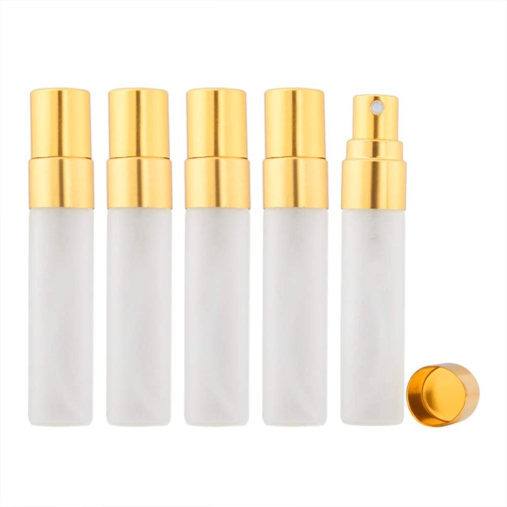 Enslz 10pcs Fine Mist 5ml Atomizer Clear Frosted Glass Bottle Vial Spray Refillable Liquid Fragrance Perfume Empty Scent Bottle for Travel Makeup Party (Gold)