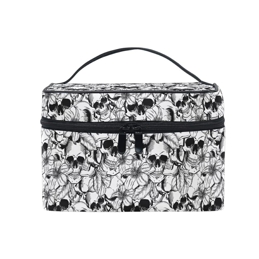 Goth Skull Makeup Bag, Gothic Skull Flowers Makeup Organizer Bags Toiletry Bag Box Travel Cosmetic Bag Make Up Train Case for Women Teen Girl Ladies