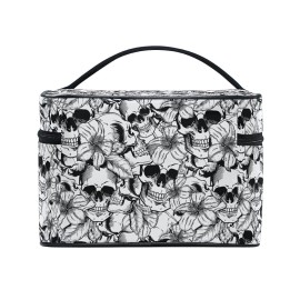 Goth Skull Makeup Bag, Gothic Skull Flowers Makeup Organizer Bags Toiletry Bag Box Travel Cosmetic Bag Make Up Train Case for Women Teen Girl Ladies