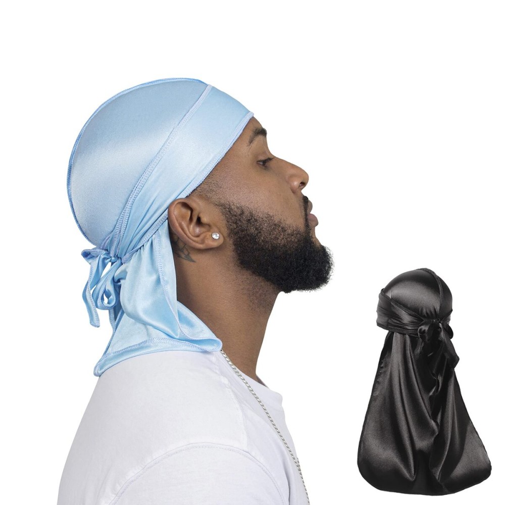 ForceWave 2 Pieces silky Durag Pack for Men Women Waves, Premium Satin Deluxe Du-rag (SkyBlue Black)