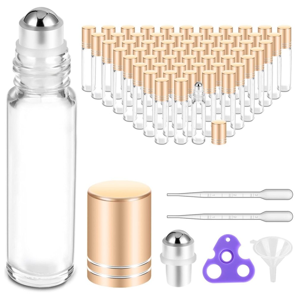 PrettyCare 60 Pack, 10 ml Essential Oil Roller Bottles with Stainless Steel Roller Ball - Bulk Refillable Leak-proof Empty Thick Clear Glass Roll on Bottles with Metal Caps for Travel, Perfume
