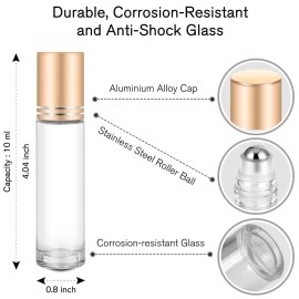 PrettyCare 60 Pack, 10 ml Essential Oil Roller Bottles with Stainless Steel Roller Ball - Bulk Refillable Leak-proof Empty Thick Clear Glass Roll on Bottles with Metal Caps for Travel, Perfume