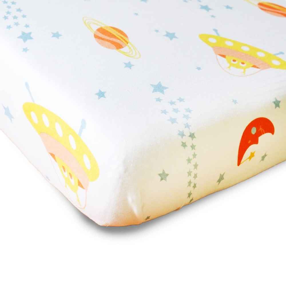 Milky Chic Fitted Baby Crib Sheet, Breathable 100% Organic Cotton Mattress Topper Sheet for Boys and Girls, Fits Standard Size Mattresses, 52x28x9 inches (Space Colorful)