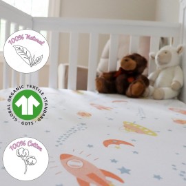 Milky Chic Fitted Baby Crib Sheet, Breathable 100% Organic Cotton Mattress Topper Sheet for Boys and Girls, Fits Standard Size Mattresses, 52x28x9 inches (Space Colorful)