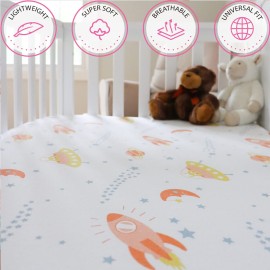 Milky Chic Fitted Baby Crib Sheet, Breathable 100% Organic Cotton Mattress Topper Sheet for Boys and Girls, Fits Standard Size Mattresses, 52x28x9 inches (Space Colorful)