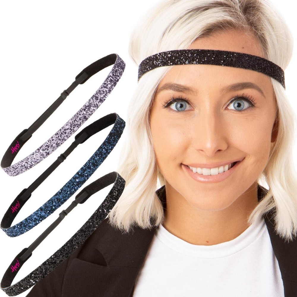 Hipsy PETITE Size, Adjustable No Slip Sparkly Bling Glitter Skinny 3pk Headbands for Women Girls & Teens (Skinny Black/Navy/Gunmetal)