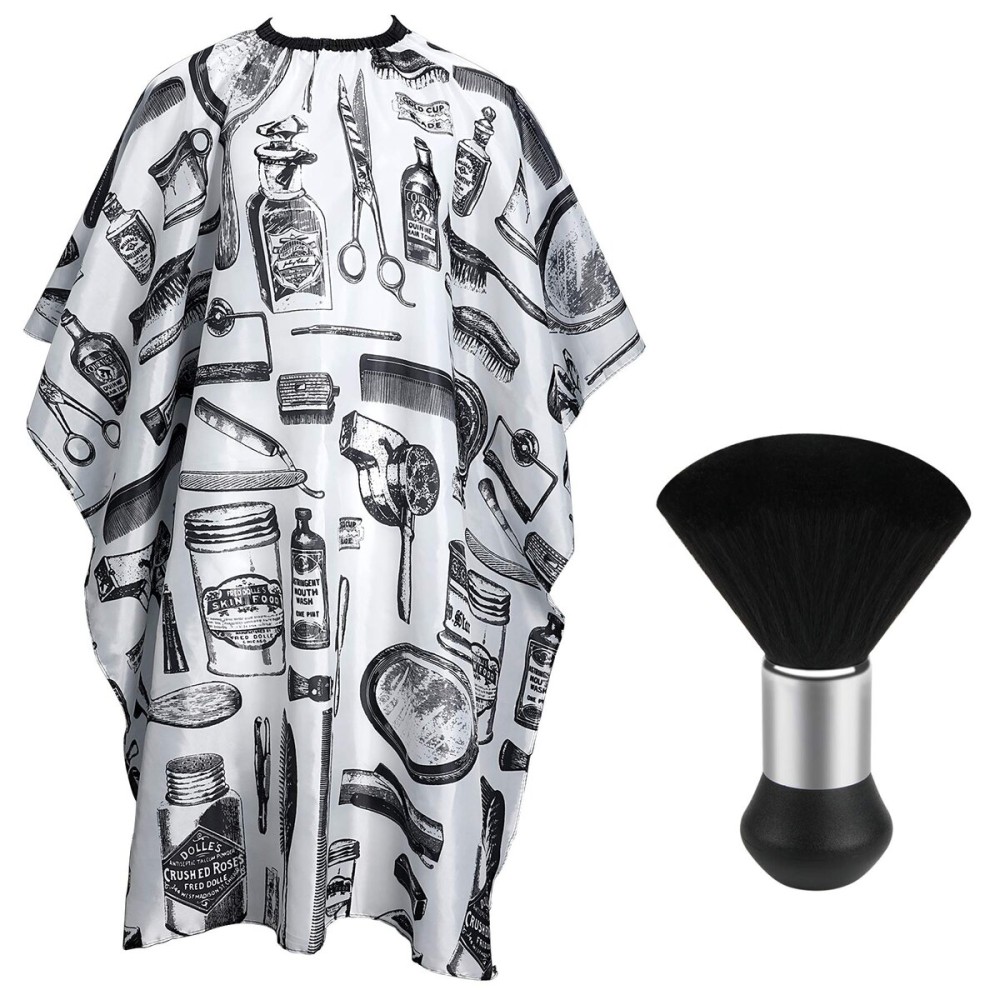 FEBSNOW Professional Hair Cutting Cape with Neck Duster Brush, Salon Barber Cape, Hair Cutting Accessories (White Floral Print)