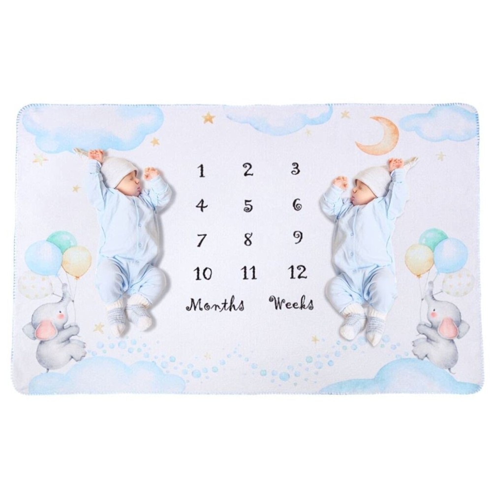 InnoBeta Baby Monthly Milestone Blanket, Flannel Plush Newborn Infant Photo Blanket, for Pictures Photography for Newborn Boys & Girls New Mom Gifts Twins Elephant (White, 39x 59)