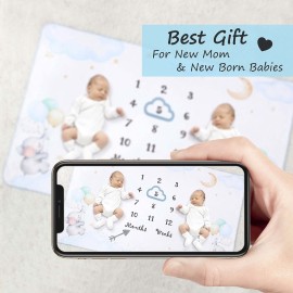 InnoBeta Baby Monthly Milestone Blanket, Flannel Plush Newborn Infant Photo Blanket, for Pictures Photography for Newborn Boys & Girls New Mom Gifts Twins Elephant (White, 39x 59)