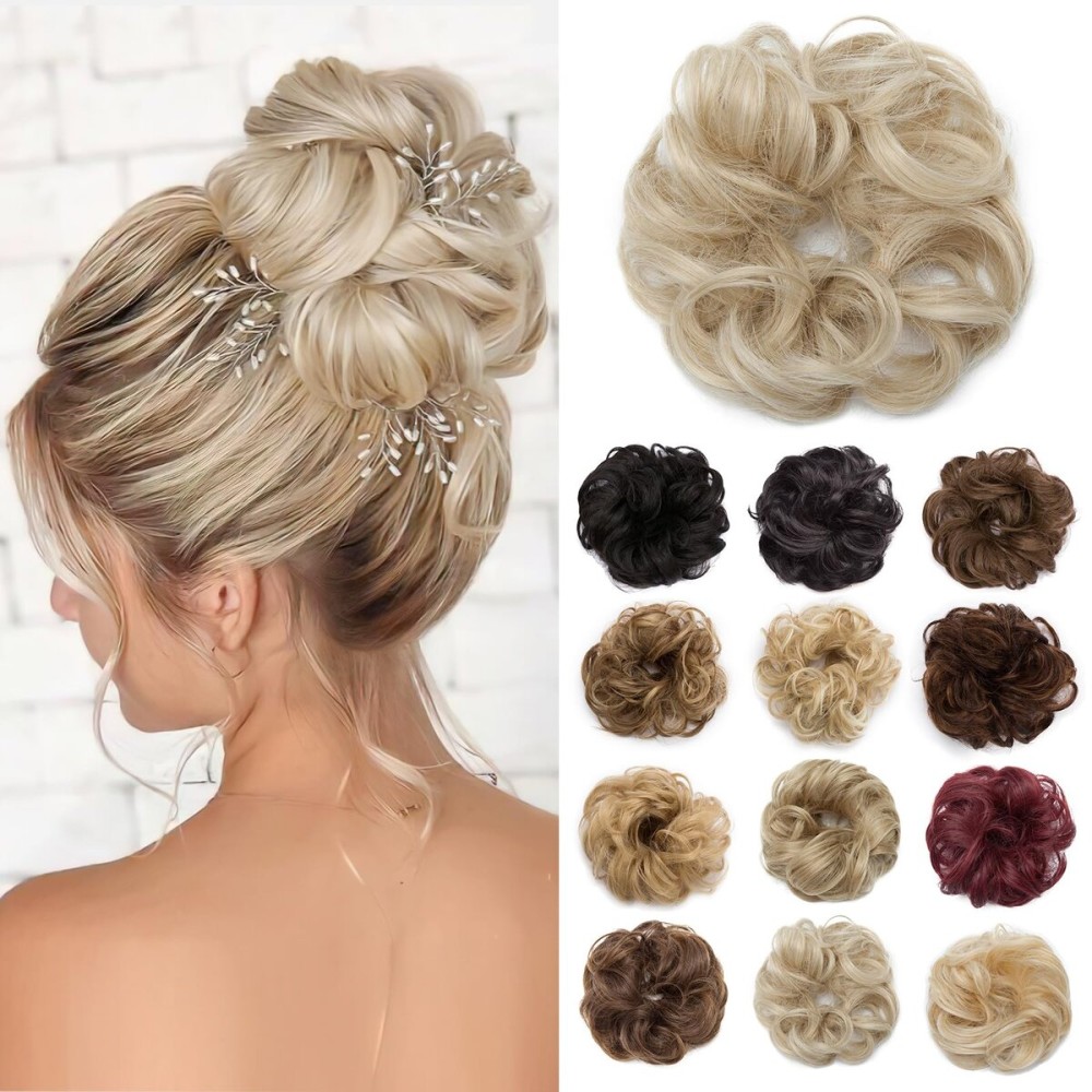 Benehair Messy Bun Hair Piece Scrunchy Updo Hair Pieces for Women Fluffy Wavy Hair Bun Scrunchies Donut Hairpiece Synthetic Chignons with Elastic Rubber Band Ash Blonde mix Bleach Blonde 1pc 25g