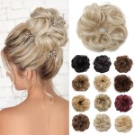 Benehair Messy Bun Hair Piece Scrunchy Updo Hair Pieces for Women Fluffy Wavy Hair Bun Scrunchies Donut Hairpiece Synthetic Chignons with Elastic Rubber Band Ash Blonde mix Bleach Blonde 1pc 25g