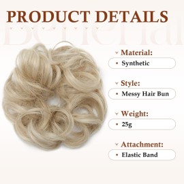 Benehair Messy Bun Hair Piece Scrunchy Updo Hair Pieces for Women Fluffy Wavy Hair Bun Scrunchies Donut Hairpiece Synthetic Chignons with Elastic Rubber Band Ash Blonde mix Bleach Blonde 1pc 25g