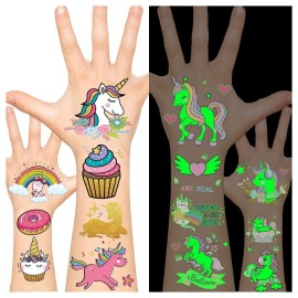 Leesgel (Glow + Metallic Glitter) Temporary Tattoos for Kids Girls Boys, Unicorn Birthday Decorations Party Favors Party Supplies, Kids Temporary Tattoos Toy Tattoos stickers