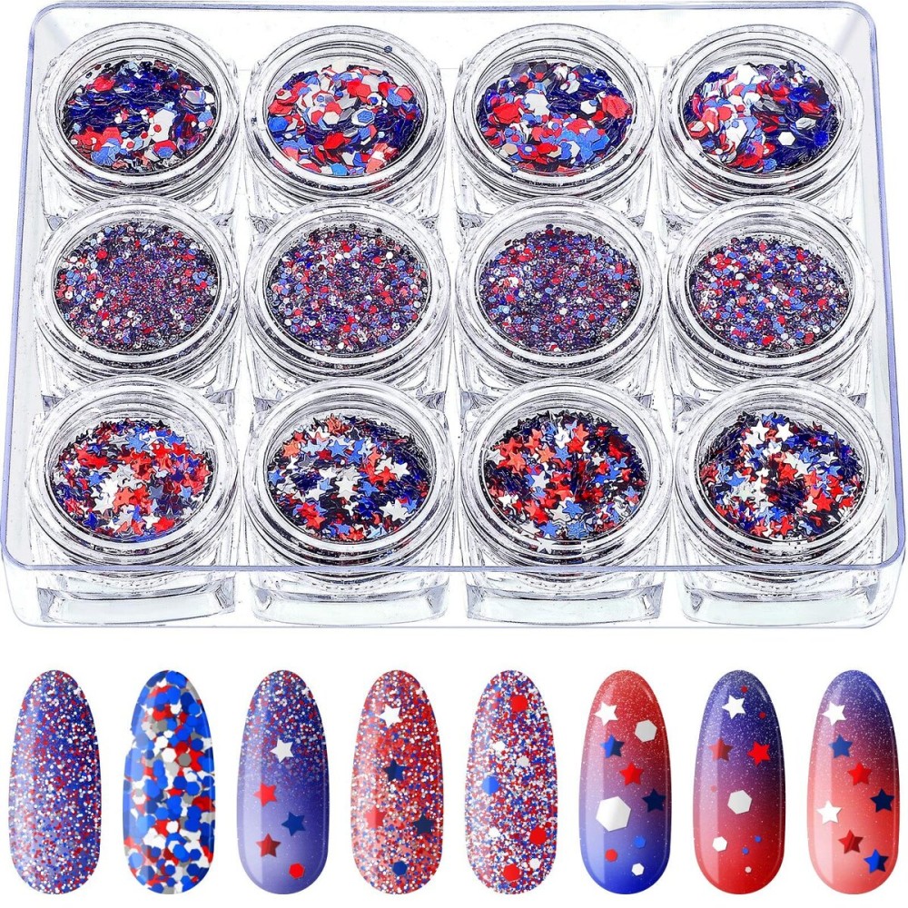 12 Boxes Independence Day Nail Glitter 4th of July Nail Art Star Sequins Holographic Red Blue Silver Mixed Star Hexagon Circles Nail Sequins Confetti 3D Nail Art for Women Makeup Nail Decoration