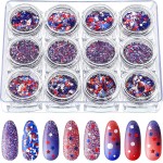 12 Boxes Independence Day Nail Glitter 4th of July Nail Art Star Sequins Holographic Red Blue Silver Mixed Star Hexagon Circles Nail Sequins Confetti 3D Nail Art for Women Makeup Nail Decoration