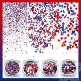 12 Boxes Independence Day Nail Glitter 4th of July Nail Art Star Sequins Holographic Red Blue Silver Mixed Star Hexagon Circles Nail Sequins Confetti 3D Nail Art for Women Makeup Nail Decoration