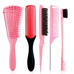 5 Pcs Detangling Brush Set - Cushion Nylon Bristles, Dual Edge, Teasing, and Styling Comb (Pink)