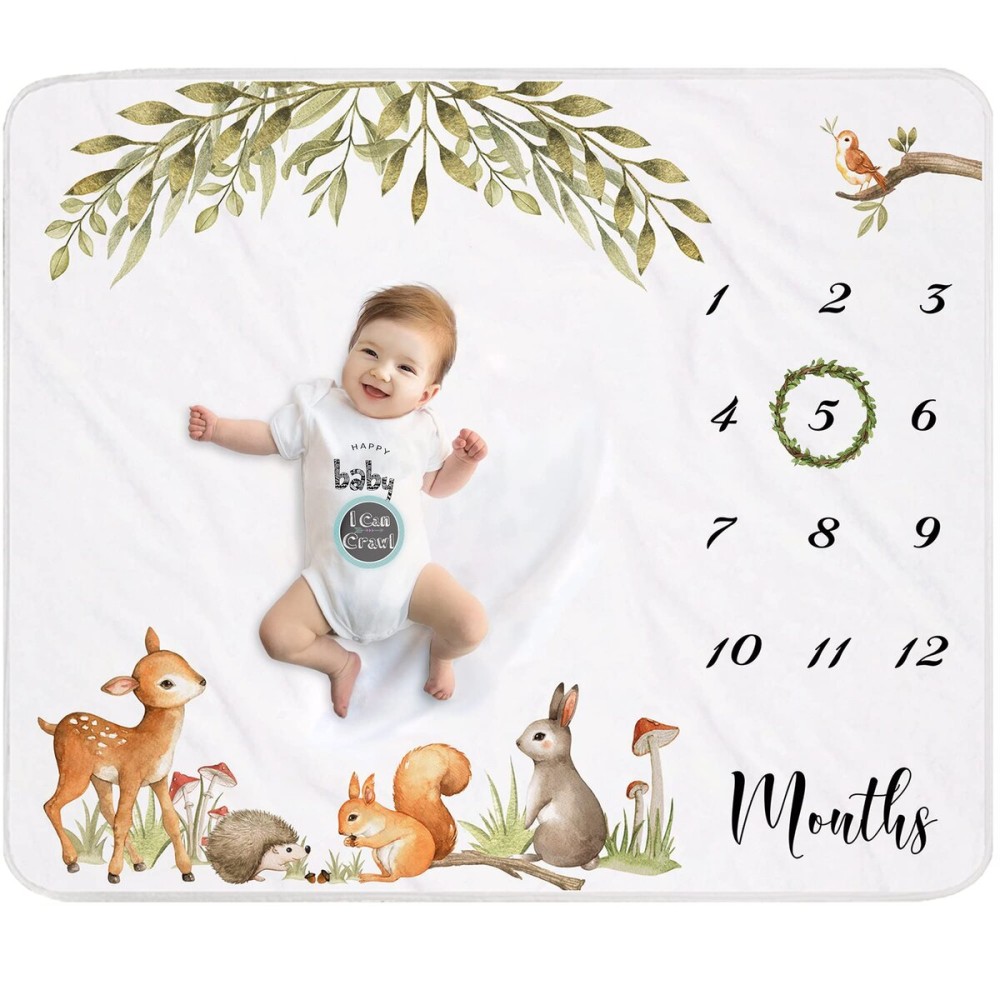 Yoothy Woodland Baby Monthly Milestone Blanket, Unisex, Gift for Baby Shower, Photo Blanket for Newborn, Wreath & 12 Stickers Included, Soft Flannel Blanket 45\'\'x40\'\'