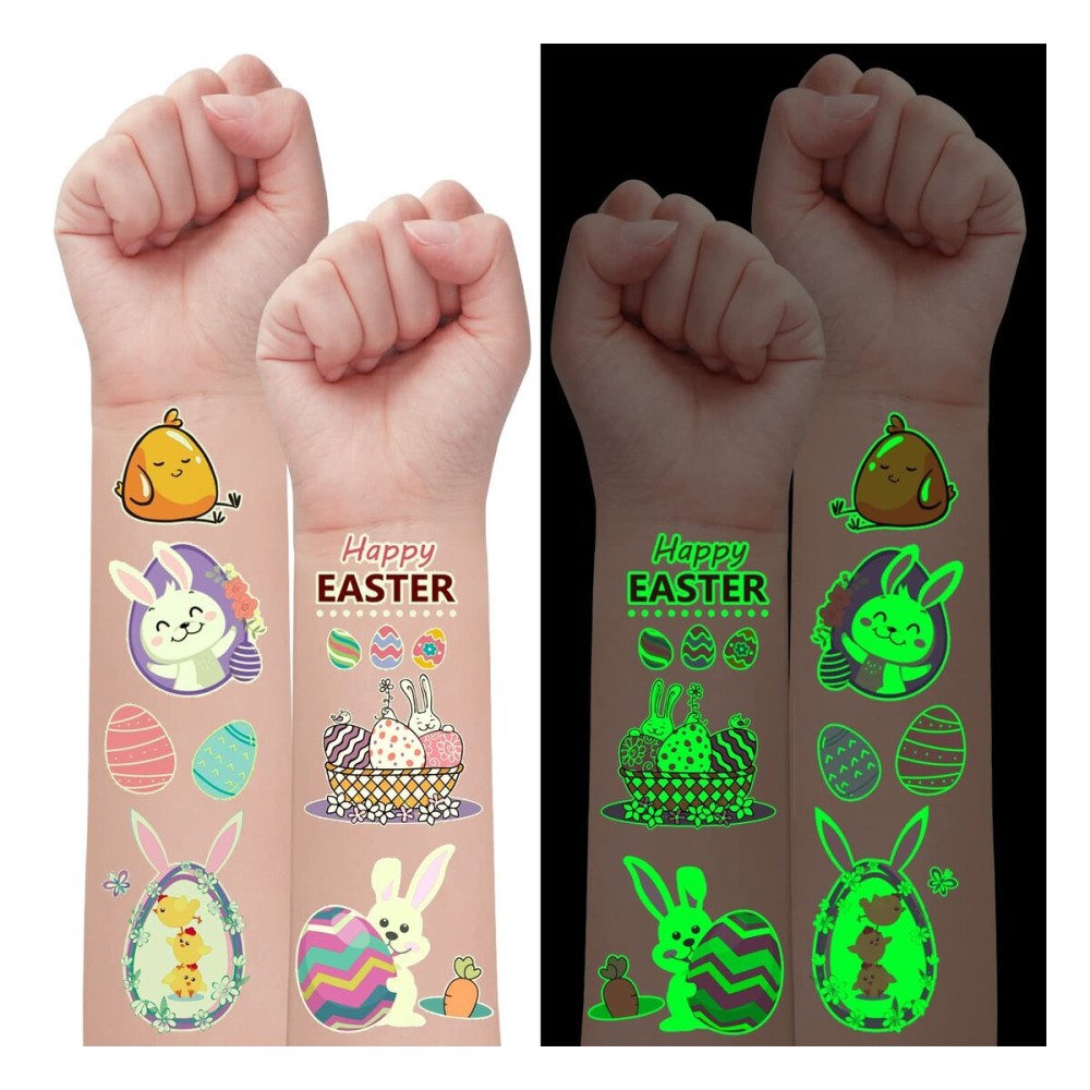 Partywind 132 PCS (12 Sheets) Luminous Easter Temporary Tattoos for Kids Basket Stuffers, Glow Easter Decorations Party Favors Supplies Essentials, Easter Games for Toddlers Boys Girls