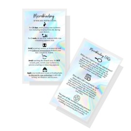 Boutique Marketing LLC Microblading Aftercare Instruction Cards | 50 Pack | Size 3.5 x 2 inches | Disposable FAQ Snatched Brows PMU | Holographic Look Design,rainbow, silver, holographic, black