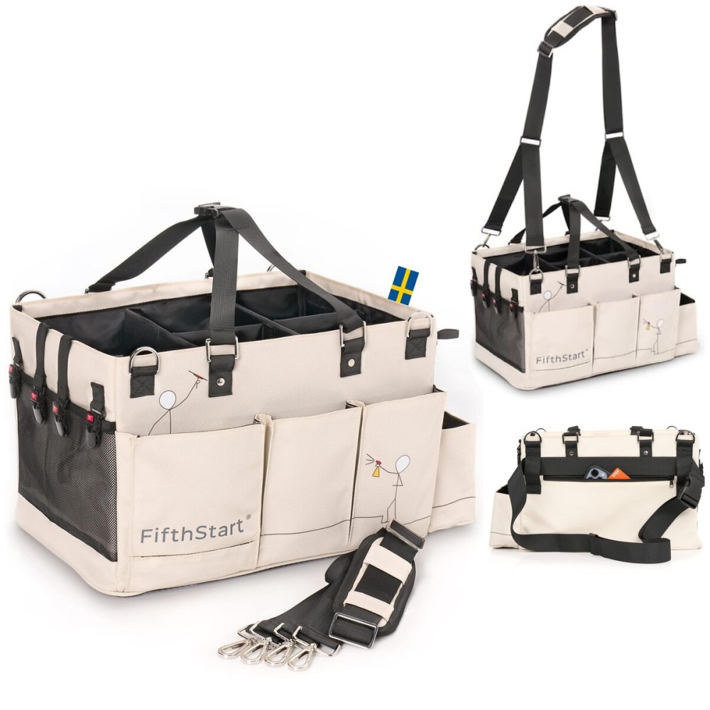 FifthStart Multiuse Cleaning Caddy with Waist & Shoulder Strap,9 Pockets Easily Cleaned Beach Bag, Mesh Base & Adjustable Compartments - Beige Large - Caddy Organizer with Handle, Cleaning Caddy Bag