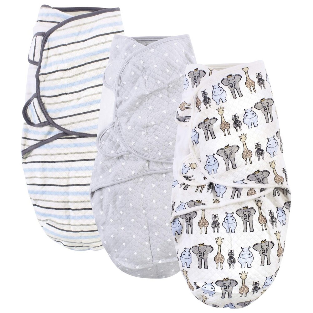 Hudson Baby Unisex Baby Quilted Cotton Swaddle Wrap 3pk, Royal Safari, 0-3 Months