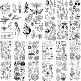 GLARYYEARS 150+ Pattern Black Tiny Temporary Tattoo, Hands Face Halloween Tattoo Sticker for Men Women, Flower Space Moon Snake Designs Body Art on Arm Neck Shoulder Clavicle Waterproof