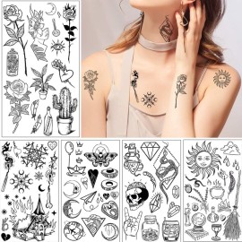 GLARYYEARS 150+ Pattern Black Tiny Temporary Tattoo, Hands Face Halloween Tattoo Sticker for Men Women, Flower Space Moon Snake Designs Body Art on Arm Neck Shoulder Clavicle Waterproof