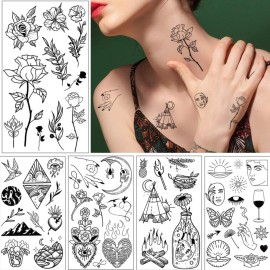 GLARYYEARS 150+ Pattern Black Tiny Temporary Tattoo, Hands Face Halloween Tattoo Sticker for Men Women, Flower Space Moon Snake Designs Body Art on Arm Neck Shoulder Clavicle Waterproof
