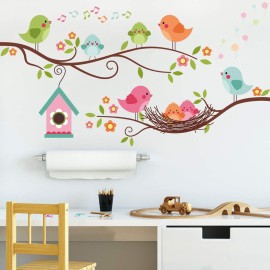 Robin Bird and Tree Branch Wall Stickers, Colorful Cute Cartoon Lovely Birds Singing On The Branch with Flowers Wall Decal, DILIBRA Removable DIY Mural Decorations for Living Room Bedroom Baby Room