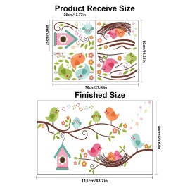 Robin Bird and Tree Branch Wall Stickers, Colorful Cute Cartoon Lovely Birds Singing On The Branch with Flowers Wall Decal, DILIBRA Removable DIY Mural Decorations for Living Room Bedroom Baby Room