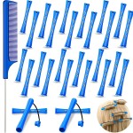 24 Pieces Plastic Hair Perming Rods and Rollers with Steel Pintail Comb for Hairdressing Styling (0.35 Inches, Blue)
