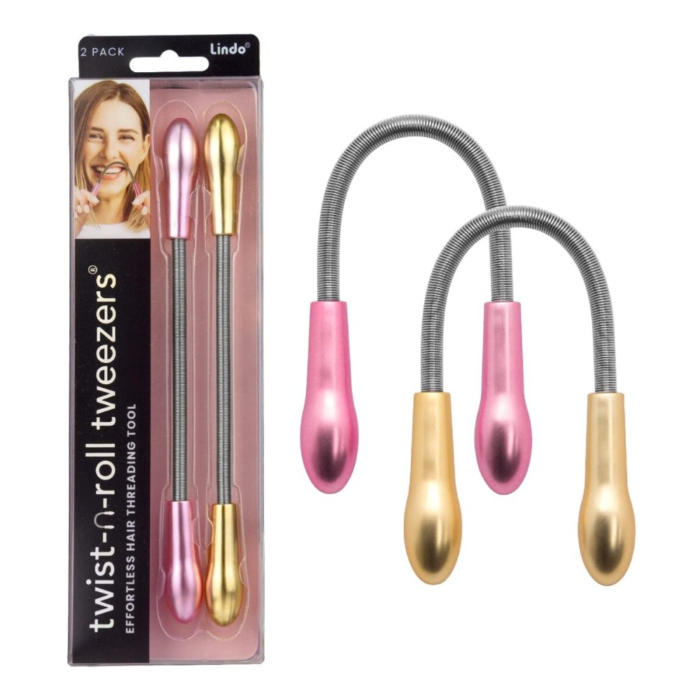 Lindo Twist-N-Roll Tweezer - Spring Facial Hair Removal Tool, Natural Threading, Stainless Steel, Remove Unwanted Hair on Upper Lip, Chin, Cheek, and Neck, Travel Pouches Included (2 Pack)