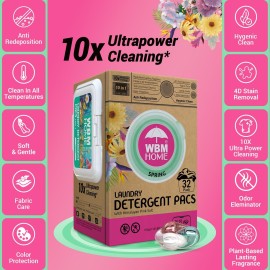 WBM Home Laundry Detergent Pods, Spring Fragrance Scent, 32 Count - HE Concentrated Laundry Pods with 10x Ultra Power Cleaning and 4D Laundry Stain Remover