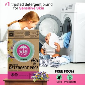 WBM Home Laundry Detergent Pods, Spring Fragrance Scent, 32 Count - HE Concentrated Laundry Pods with 10x Ultra Power Cleaning and 4D Laundry Stain Remover