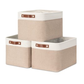HNZIGE Fabric Storage Baskets for Shelves, Large Collapsible Storage Baskets for Organizing, Decorative Baskets Bins Set with Handles for Closet, Clothes,Home (3 Pack, White&Khaki,15 x 11 x 9.5)