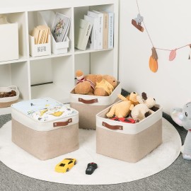 HNZIGE Fabric Storage Baskets for Shelves, Large Collapsible Storage Baskets for Organizing, Decorative Baskets Bins Set with Handles for Closet, Clothes,Home (3 Pack, White&Khaki,15 x 11 x 9.5)