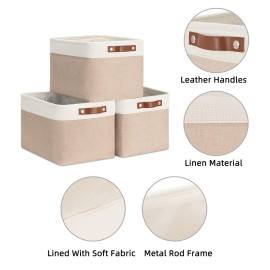 HNZIGE Fabric Storage Baskets for Shelves, Large Collapsible Storage Baskets for Organizing, Decorative Baskets Bins Set with Handles for Closet, Clothes,Home (3 Pack, White&Khaki,15 x 11 x 9.5)