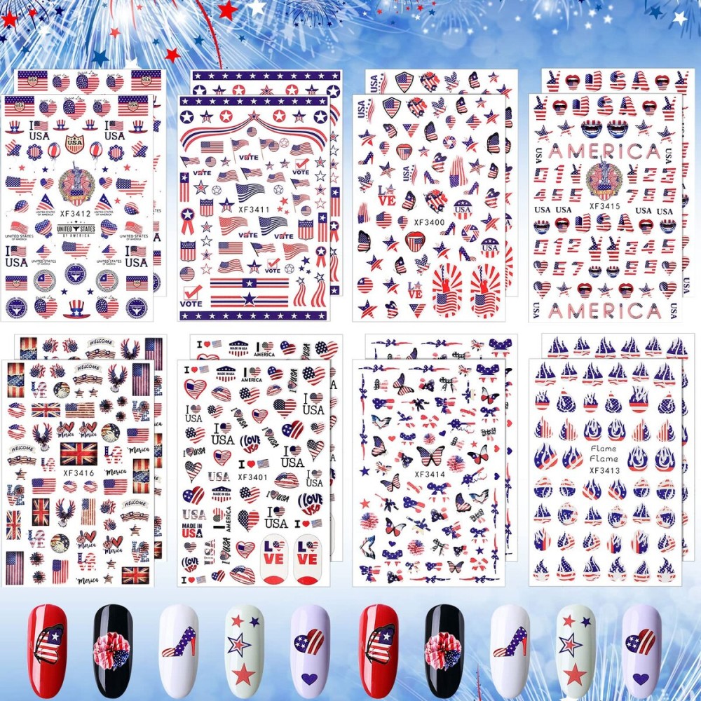 Maitys 16 Sheets 4th of July Nail Stickers Patriotic Red White and Blue Art Self-Adhesive Nail Sticker Memorial American Flag Butterfly Stars Heart Shape USA Independence Day Decals for Women