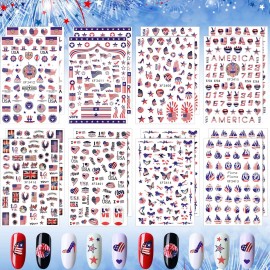 Maitys 16 Sheets 4th of July Nail Stickers Patriotic Red White and Blue Art Self-Adhesive Nail Sticker Memorial American Flag Butterfly Stars Heart Shape USA Independence Day Decals for Women