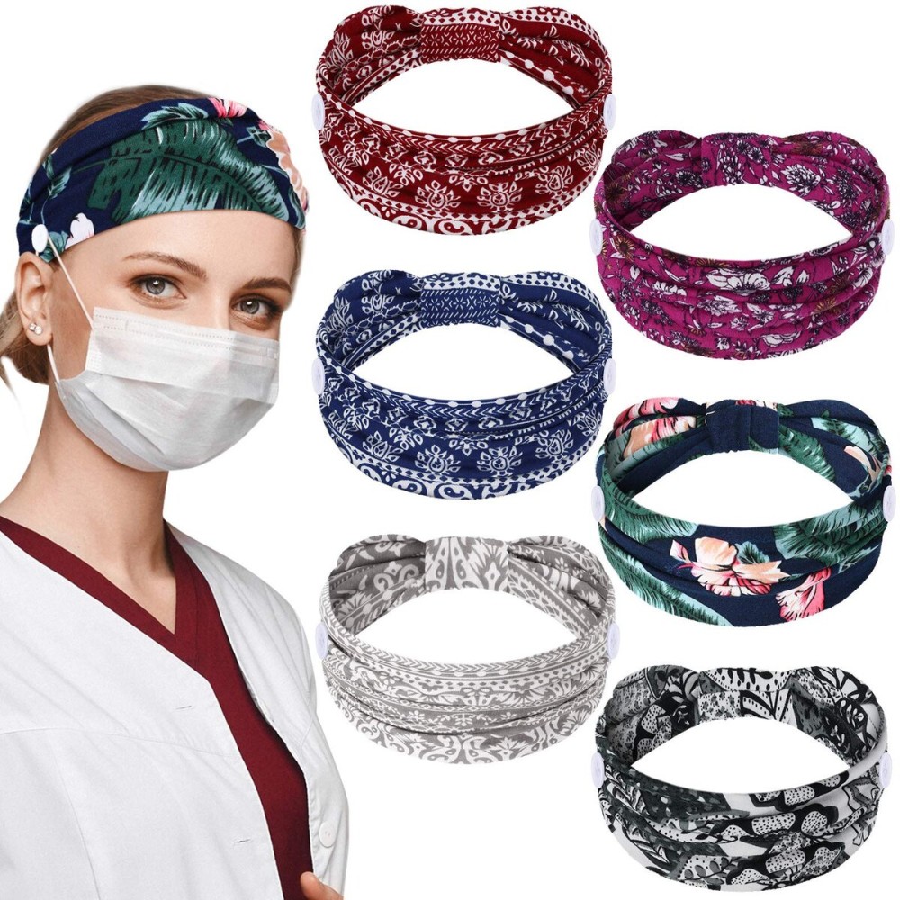 6 Pieces Nursing Headbands with Buttons for Nurses Doctor Women Boho Bandana Headbands Wide Stretch Head Wraps Elastic Hair Bands for Face Covering Holder Ear Protection (Colorful Pattern) 6 Pieces Nursing Headbands with Buttons for Nurses Doctor Women Boho Bandana Headbands Wide Stretch Head Wraps Elastic Hair Bands for Face Covering Holder Ear Protection (Colorful Pattern)