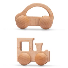 Promise Babe Wooden Rattle Push Car Toys Set - Infant Wooden Rattles, Hand Push Cars, Montessori Natural Wood Toys for Newborn